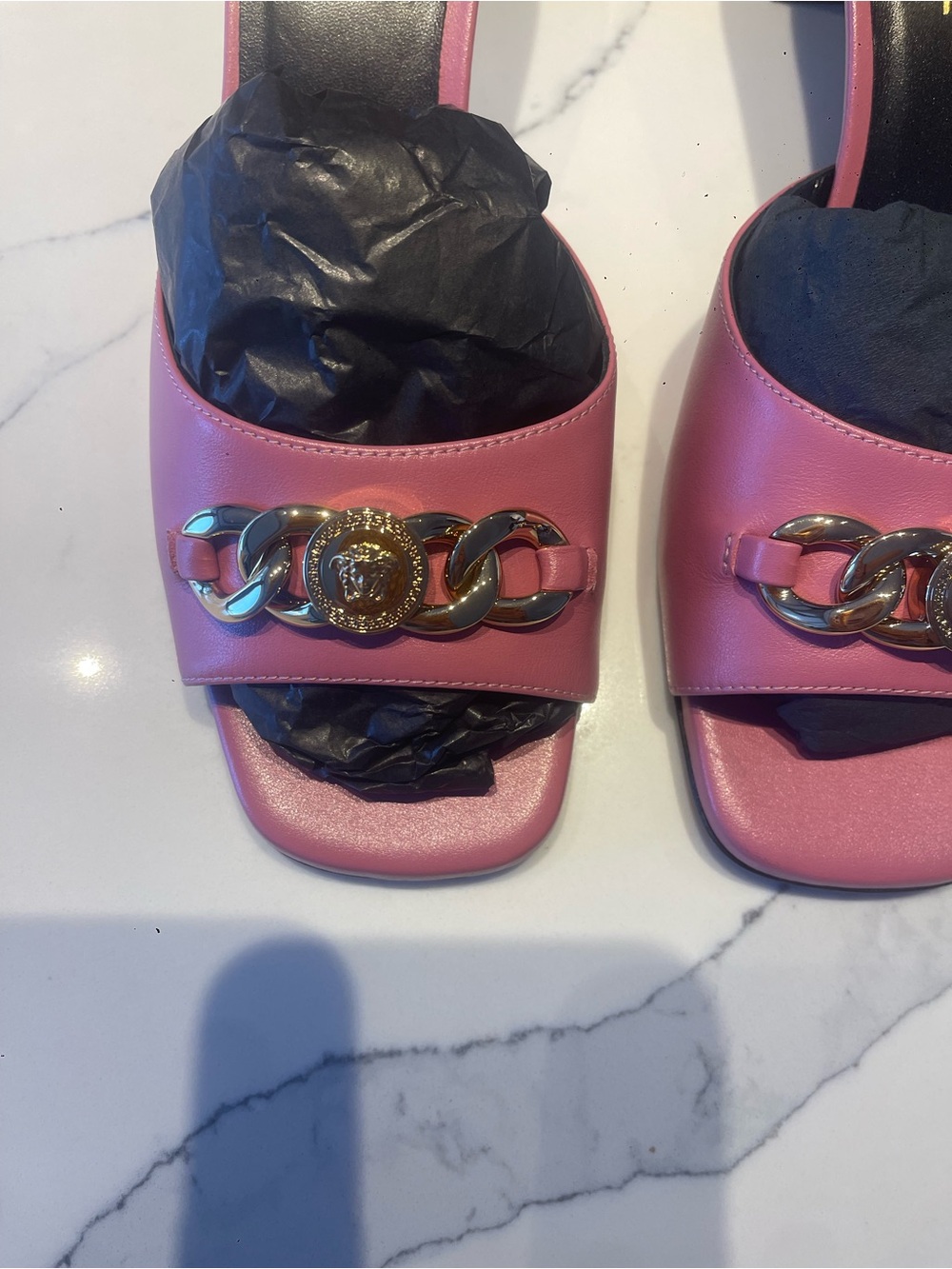 NWT Versace Medusa Chain Leather Mule Sandals Pink Gold EU 37 Made in Italy